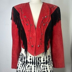 Tony Lama America red leather and suede fringe studded jacket vintage